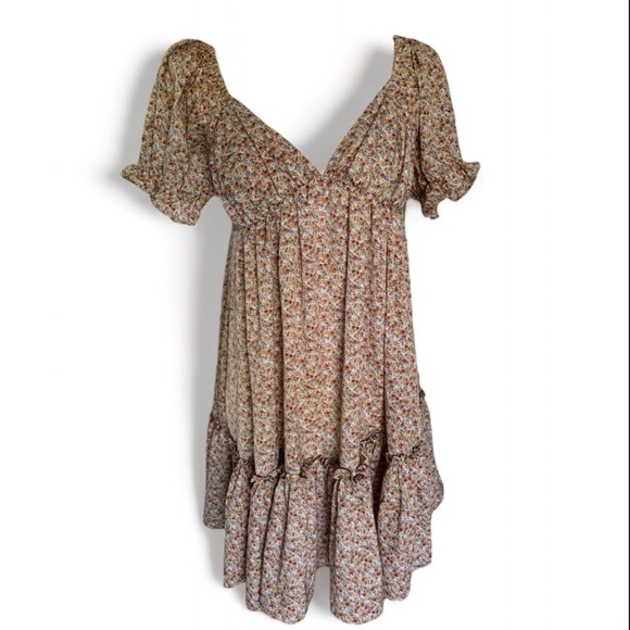 Newbury Kustom Dresses & Skirts - Brown Floral Baby Doll Tiered Dress